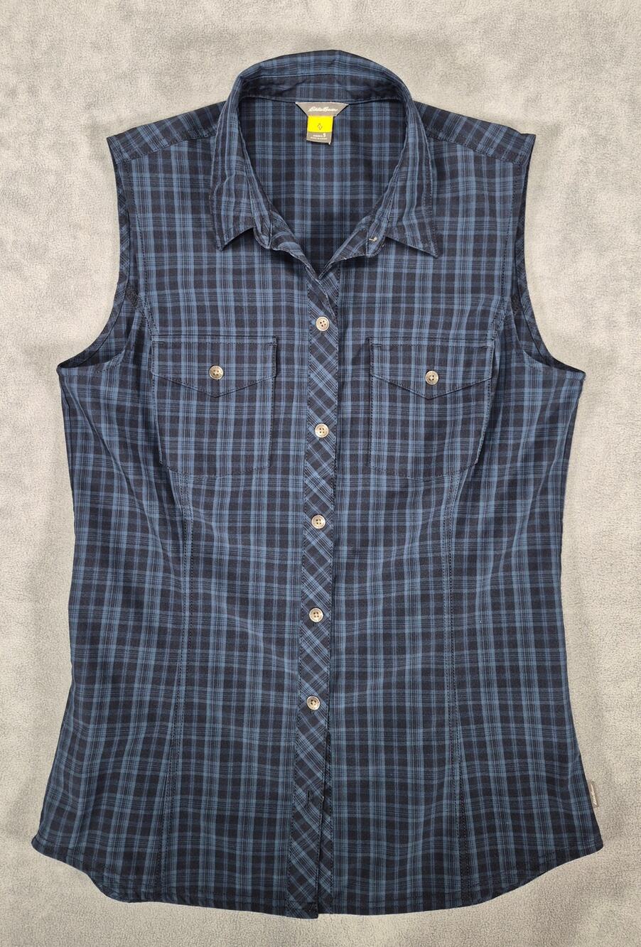 Eddie Bauer Sleeveless Plaid Button Front Shirt Blue Women’s Size S